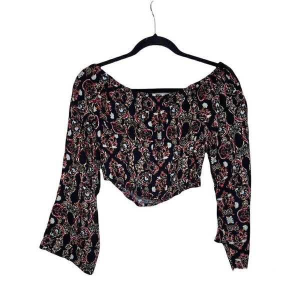 Kendall + Kylie Blouse Size M Long Bell Sleeves Floral Tie Front Crop Top Womens - Picture 2 of 6